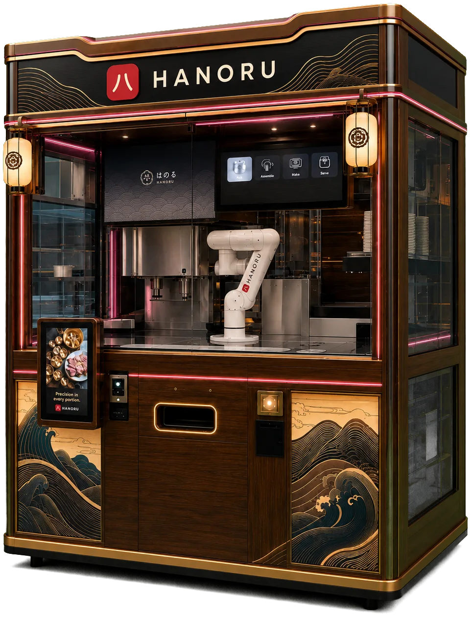 The Hanoru booth — dark wood and brass, gold wave panels, a robotic arm at work inside